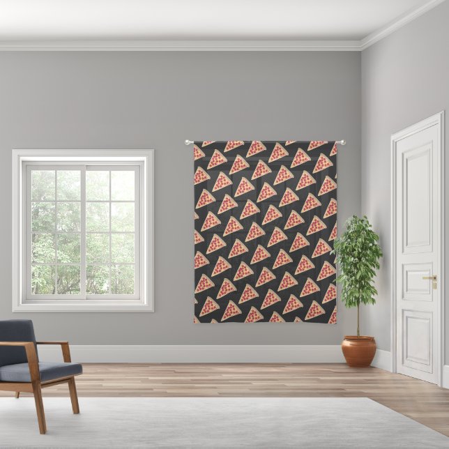 Pepperoni Pizza Slice Pattern on Black Sheer Curtains (Wide)