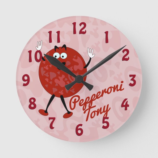 Pepperoni Tony Cute Cartoon Pizza Character Round Clock (Front)