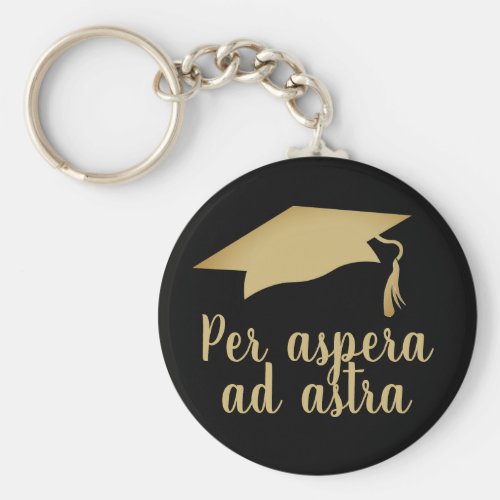 Per aspera ad astra Latin Quote Golden Graduation Keychain - Per aspera ad astra Latin Quote Golden Script Graduation keychain. Popular Latin quote meaning Through hardships to the stars is great for a graduate. Trendy script and golden graduation cap on black background. Great gift for a graduate of high school, college or university. Perfect gift from teacher to the students.