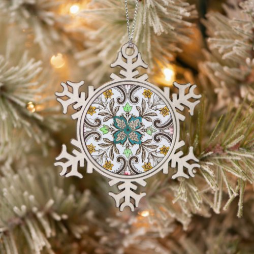 Peranakan Floral Tiles Snowflake Pewter Christmas Ornament