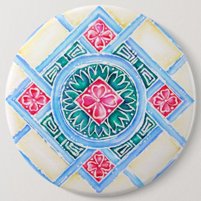 Peranakan Geometric Tile Teal Round Button (Front)