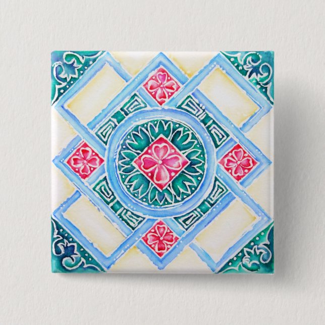 Peranakan Geometric Tile Teal Square Button (Front)