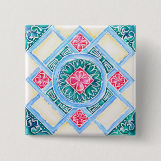 Peranakan Geometric Tile Teal Square Button