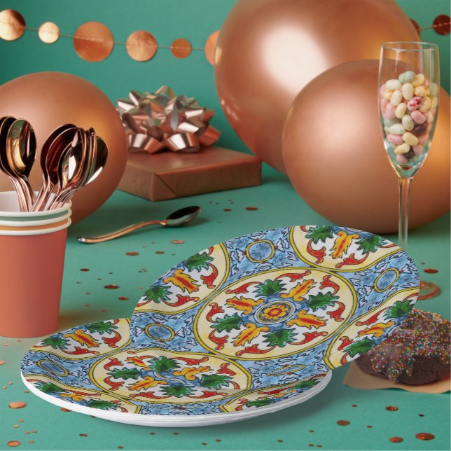 Peranakan Red Orange Flower Green Leave Decorative Paper Plates (Multi)