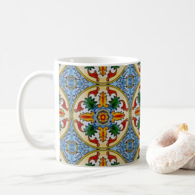Peranakan Tile Red Orange Flower Ornamental  Coffee Mug (With Donut)