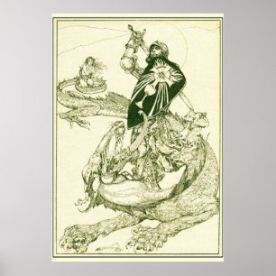 PERCEVAL FIGHTING DRAGON,QUEST HOLY GRAIL Fantasy Poster