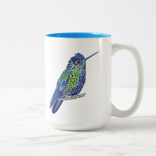 Perched Blue Green and Purple Little Hummingbird Two_Tone Coffee Mug