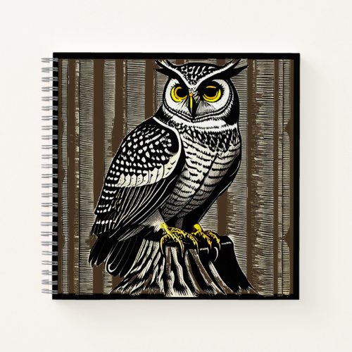 Perched Owl on Stump in Forest Woodcut Notebook