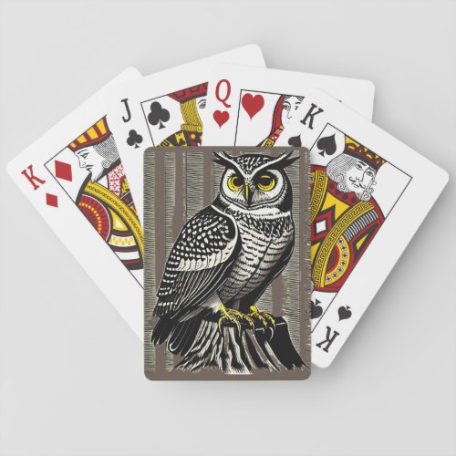 Perched Owl on Stump in Forest Woodcut Poker Cards