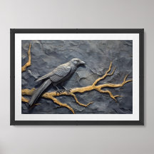 Perched raven in bas relief on slate wall