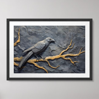 Perched raven in bas relief on slate wall framed art