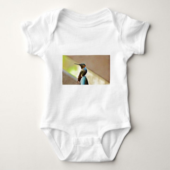 Perched Ruby and Green  little Hummingbird Baby Bodysuit (Front)