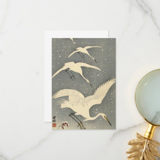 Perching Herons in Snow by Ohara Koson Thank You Card (Front/Back In Situ)