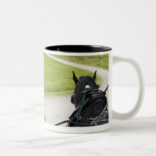 Perchon horses pulling cart against historic Two-Tone coffee mug
