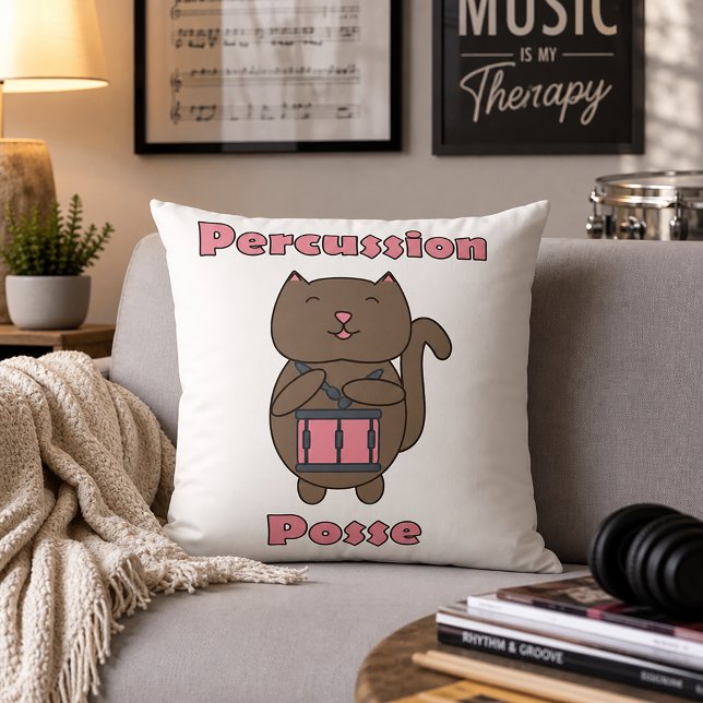 Percussion Posse - Cute Drummer Cat Throw Pillow (A throw pillow with a cute cat playing the drums and the text percussion posse.)