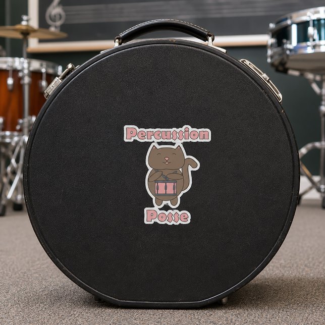 Percussion Posse - Cute Funny Drummer Cat Sticker (A die cut sticker with a snare drum playing cat and the text percussion posse.)