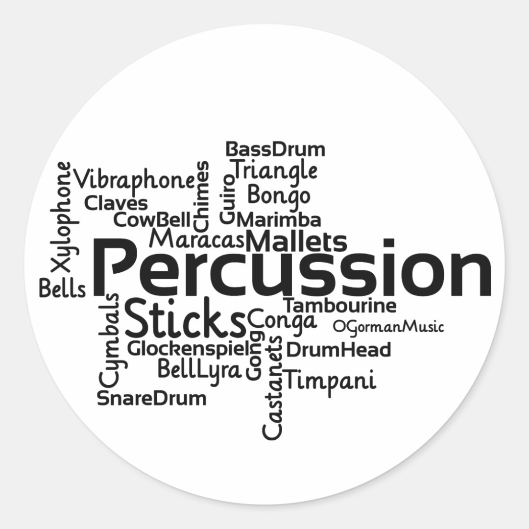 Percussion Word Cloud Black Text Classic Round Sticker Zazzle