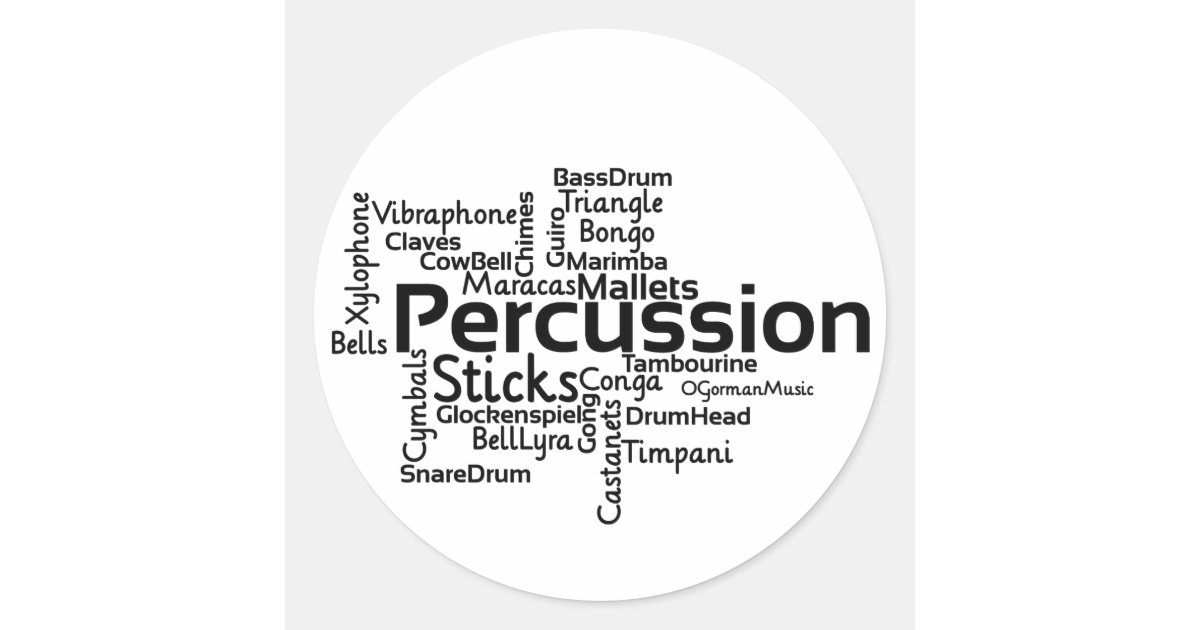 Percussion Word Cloud Black Text Classic Round Sticker Zazzle