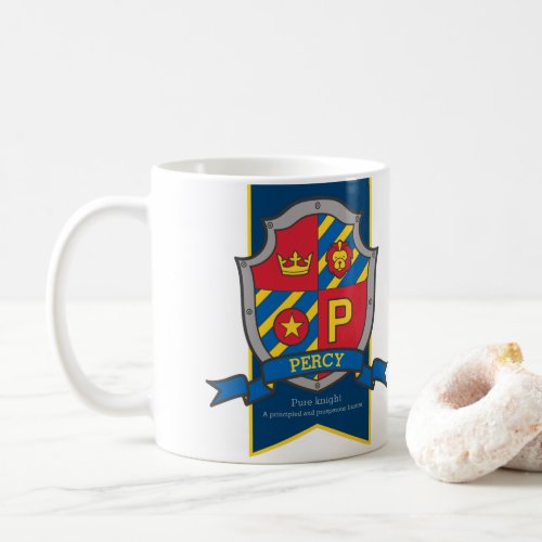 Percy name meaning lion knight shield red blue coffee mug