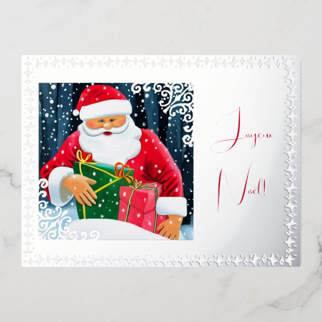 Père Noël sous la neige avec décorations argentées Foil Holiday Postcard (Front)