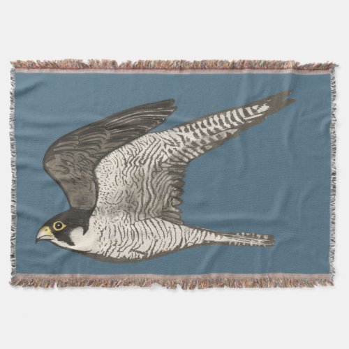 Peregrine Falcon Colored Pencil Art on blue Throw Blanket