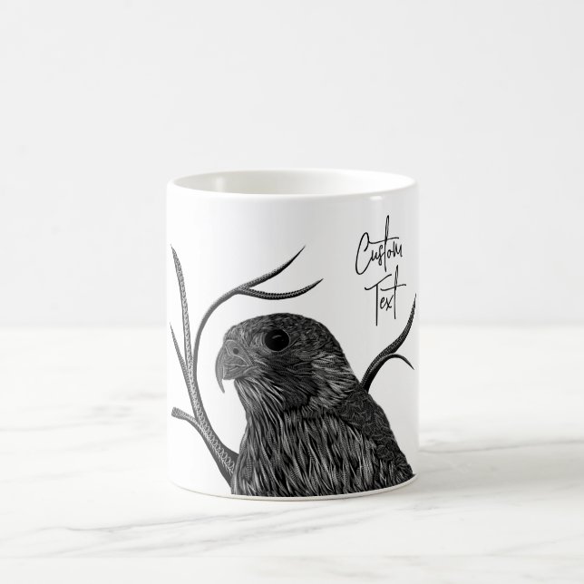 Peregrine Falcon in Tree Branches with Handwriting Coffee Mug (Center)