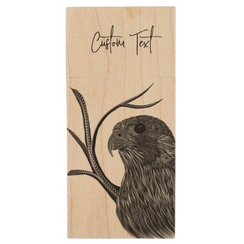 Peregrine Falcon in Tree Branches with Handwriting Wood Flash Drive