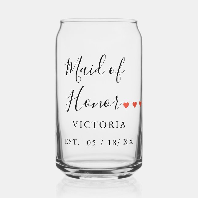 Peresonalized Maid of Honor w. Hearts  Can Glass (Front)