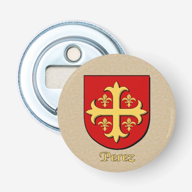 Perez Heraldic Arms on Parchment Style Back Bottle Opener (Front)