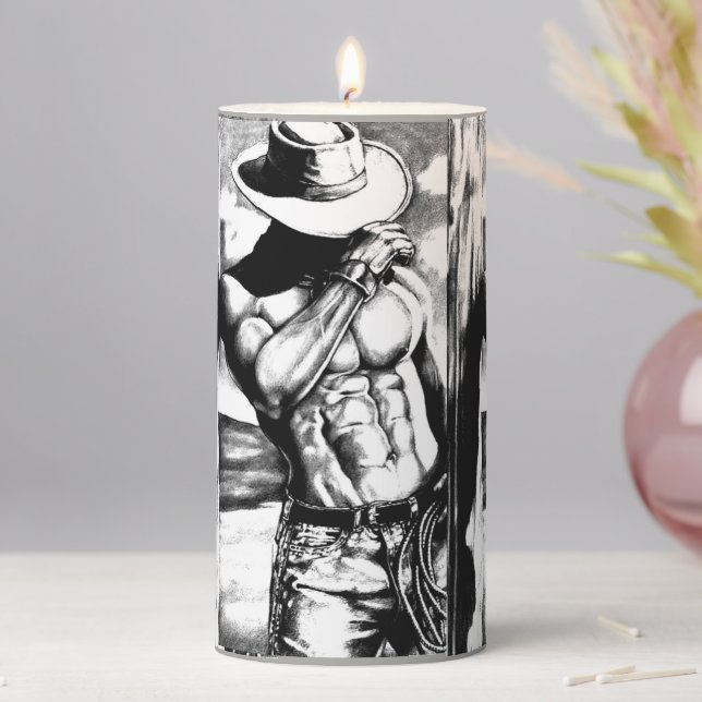 Perfect Abs Western Cowboy Fine Art Sketch Pillar Candle (In Situ)