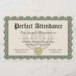 Perfect Attendance Award Certificate, Customizable