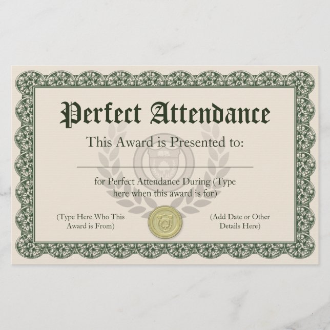 Perfect Attendance Award Certificate, Customizable (Front)