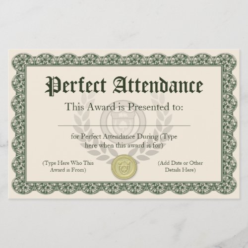 Perfect Attendance Award Certificate Customizable