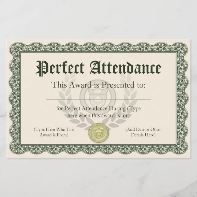 Perfect Attendance Award Certificate, Customizable | Zazzle