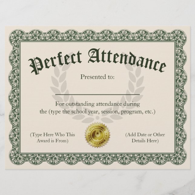 Perfect Attendance Certificate Customizable 8.5x11 (Front)