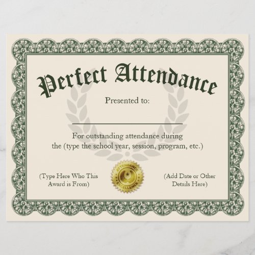 Perfect Attendance Certificate Customizable 85x11