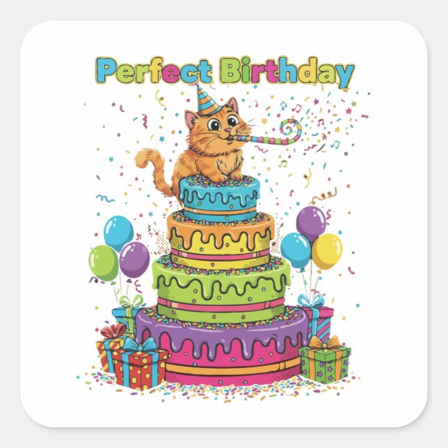 Perfect Birthday Cute Cartoon Cat on Rainbow Cake  Square Sticker (Front)