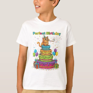 Perfect Birthday Cute Cartoon Cat on Rainbow Cake  T-Shirt