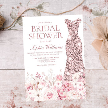 Perfect Blush Floral Rose Gold Dress Bridal Shower Invitation by Nicheandnest at Zazzle