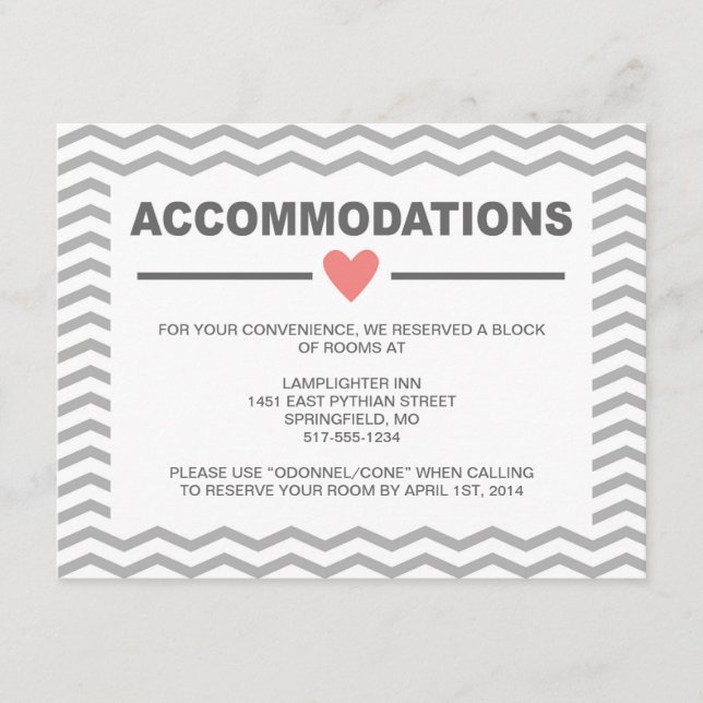 Perfect Chevron Coral and Grey Accommodations Card (Front)