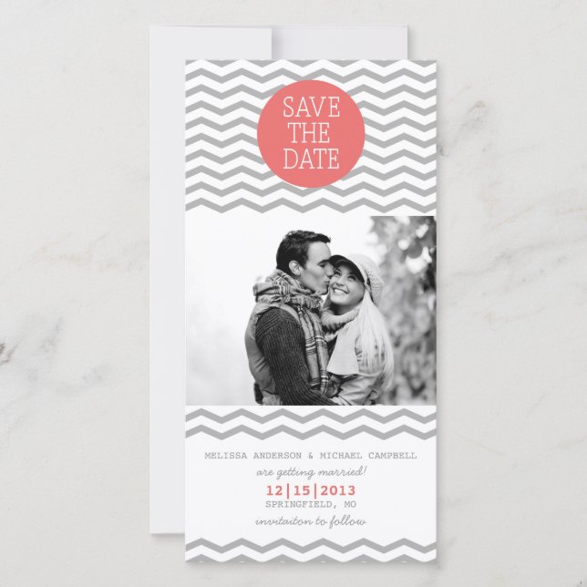 Perfect Chevron Coral & Gray Save The Date Photo (Front)