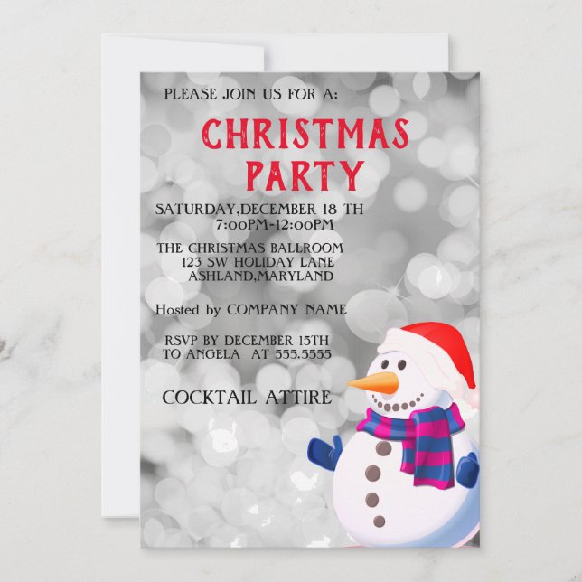Perfect, Cool, Sparkly Silver Snowman, Christmas Invitation (Front)