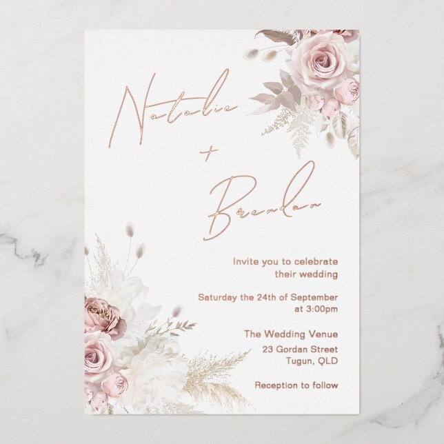 Perfect Day: Beautiful Blush Rose Gold Wedding Foil Invitation (Front)