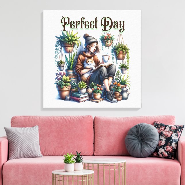 Perfect Day | Girl Reading with Cat and Plants Canvas Print (Insitu(LivingRoom))