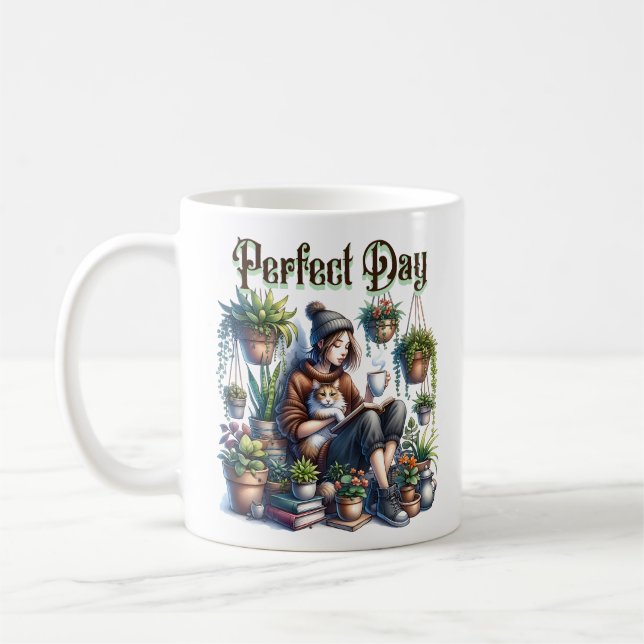 Perfect Day | Girl Reading with Cat and Plants Coffee Mug (Left)