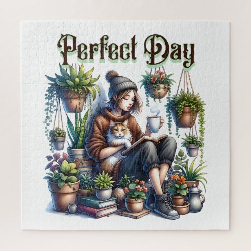 Perfect Day  Girl Reading with Cat and Plants Jigsaw Puzzle