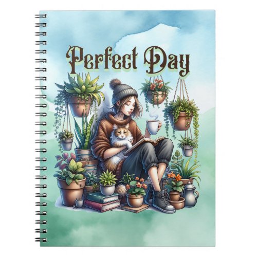 Perfect Day  Girl Reading with Cat and Plants Notebook