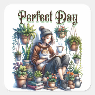 Perfect Day Girl Reading with Cat and Plants Square Sticker