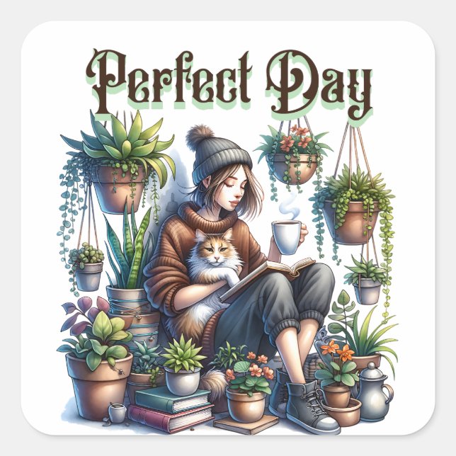Perfect Day | Girl Reading with Cat and Plants Square Sticker (Front)