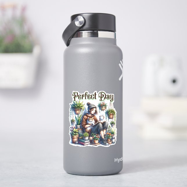 Perfect Day | Girl Reading with Cat and Plants Sticker (HydroFlask)